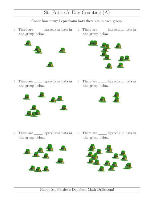 The Counting up to 20 Leprechaun Hats in Scattered Arrangements (All) Math Worksheet