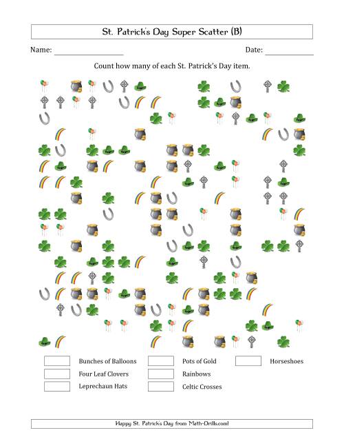 The Counting St. Patrick's Day Items in Super Scattered Arrangements (50 Percent Full) (B) Math Worksheet