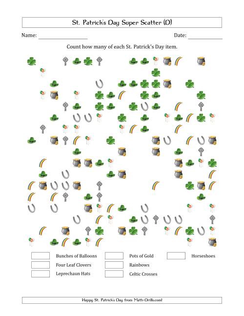 The Counting St. Patrick's Day Items in Super Scattered Arrangements (50 Percent Full) (D) Math Worksheet