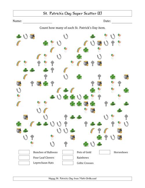 The Counting St. Patrick's Day Items in Super Scattered Arrangements (50 Percent Full) (E) Math Worksheet