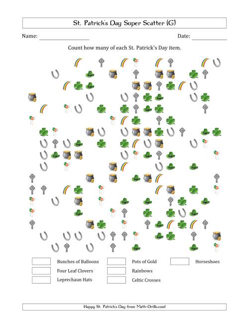 The Counting St. Patrick's Day Items in Super Scattered Arrangements (50 Percent Full) (G) Math Worksheet