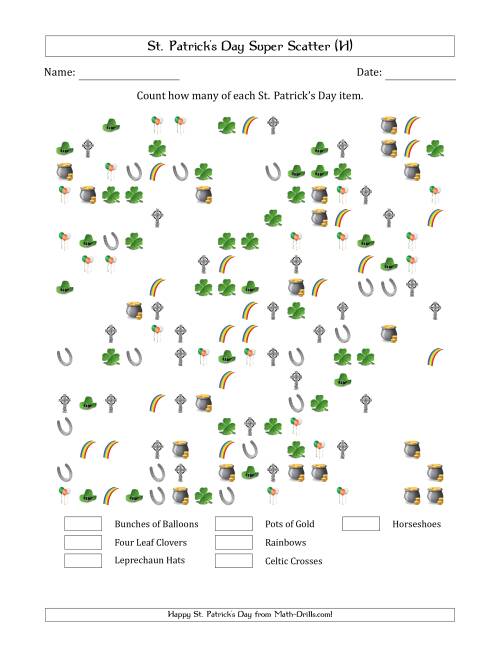 The Counting St. Patrick's Day Items in Super Scattered Arrangements (50 Percent Full) (H) Math Worksheet