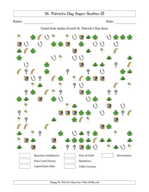 The Counting St. Patrick's Day Items in Super Scattered Arrangements (50 Percent Full) (I) Math Worksheet