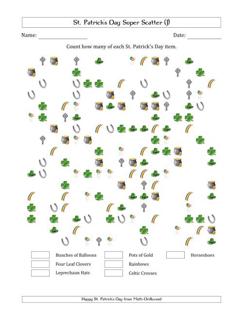 The Counting St. Patrick's Day Items in Super Scattered Arrangements (50 Percent Full) (J) Math Worksheet