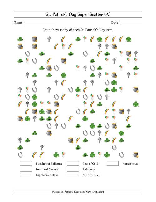 The Counting St. Patrick's Day Items in Super Scattered Arrangements (50 Percent Full) (All) Math Worksheet