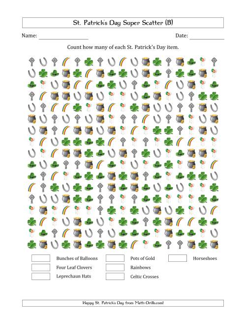The Counting St. Patrick's Day Items in Super Scattered Arrangements (100 Percent Full) (B) Math Worksheet