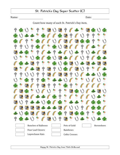 The Counting St. Patrick's Day Items in Super Scattered Arrangements (100 Percent Full) (C) Math Worksheet