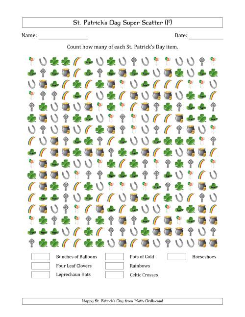 The Counting St. Patrick's Day Items in Super Scattered Arrangements (100 Percent Full) (F) Math Worksheet