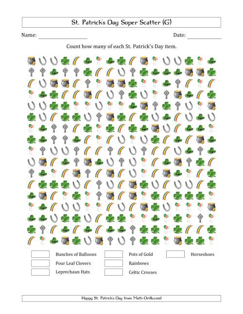 The Counting St. Patrick's Day Items in Super Scattered Arrangements (100 Percent Full) (G) Math Worksheet