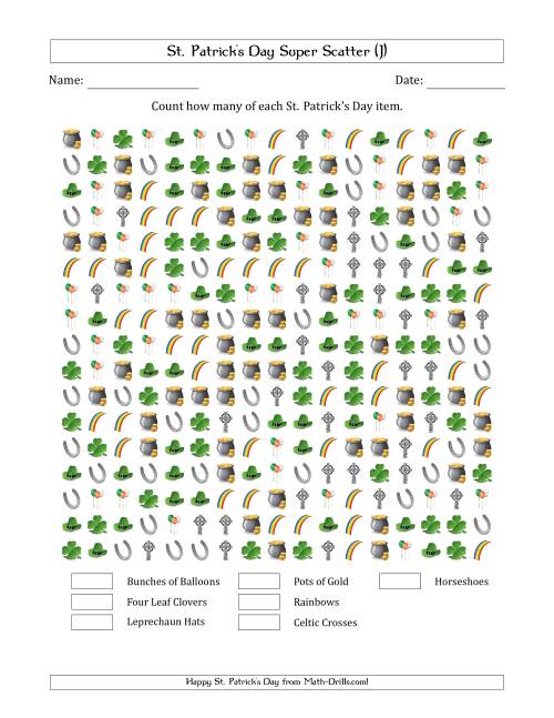 The Counting St. Patrick's Day Items in Super Scattered Arrangements (100 Percent Full) (J) Math Worksheet
