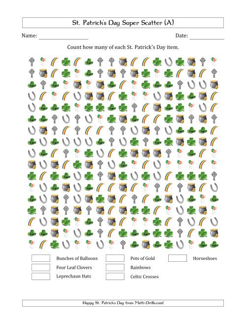 The Counting St. Patrick's Day Items in Super Scattered Arrangements (100 Percent Full) (All) Math Worksheet