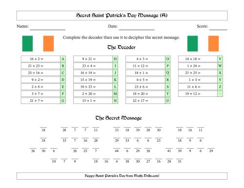 The Secret Saint Patrick's Day Message Addends 1 to 25 Irish Flag Math Worksheet