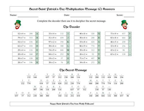 The Secret Saint Patrick's Day Message Two-Digit by One-Digit Multiplication Leprechaun Math Worksheet Page 2
