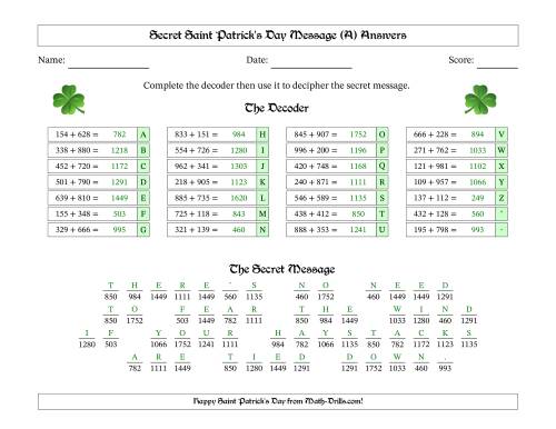 The Secret Saint Patrick's Day Message Three-Digit Addition Shamrock Math Worksheet Page 2