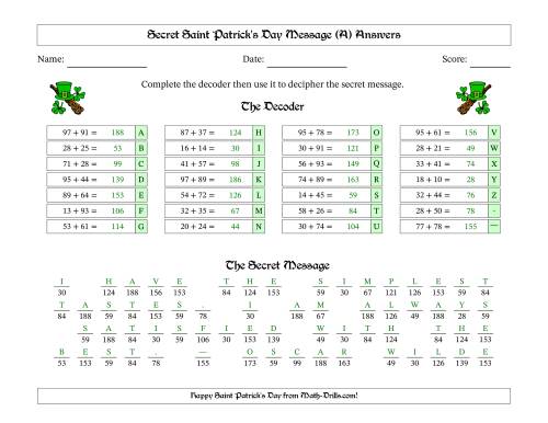 The Secret Saint Patrick's Day Message Two-Digit Addition Shillelagh Math Worksheet Page 2