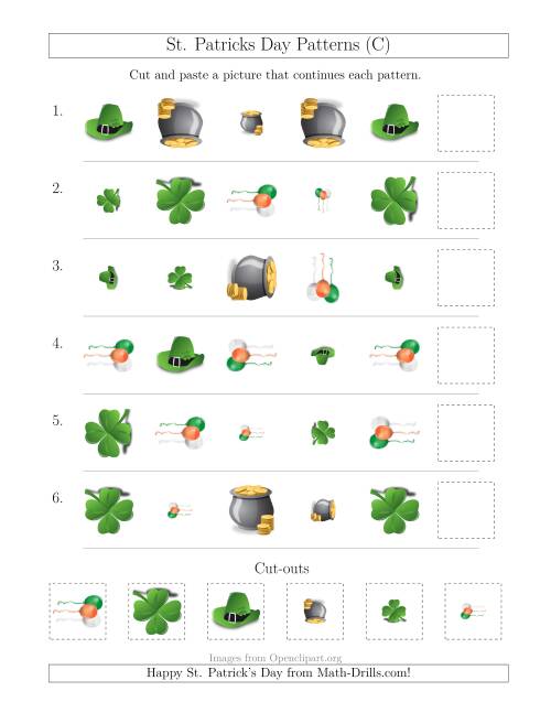 The St. Patrick's Day Picture Patterns with Shape, Size and Rotation Attributes (C) Math Worksheet