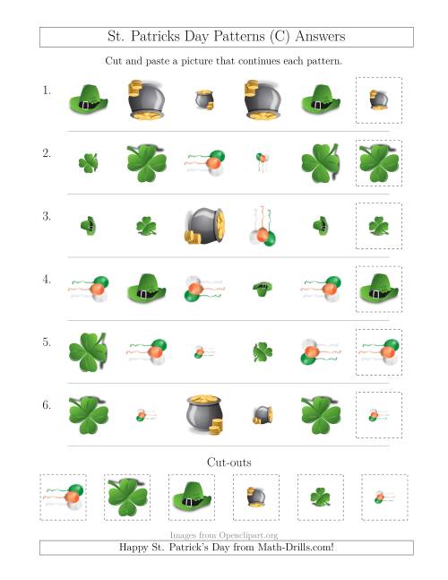 The St. Patrick's Day Picture Patterns with Shape, Size and Rotation Attributes (C) Math Worksheet Page 2