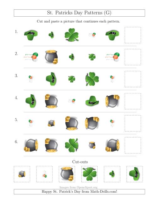 The St. Patrick's Day Picture Patterns with Shape, Size and Rotation Attributes (G) Math Worksheet