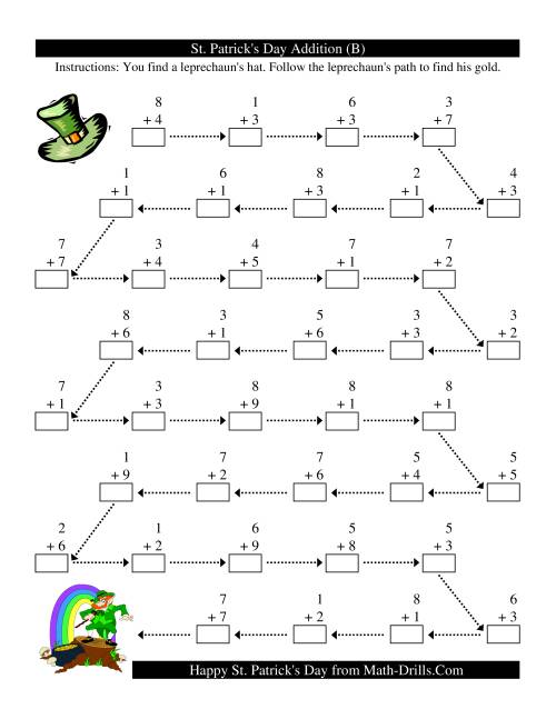 The St. Patrick's Day Follow the Leprechaun One-Digit Addition (B) Math Worksheet