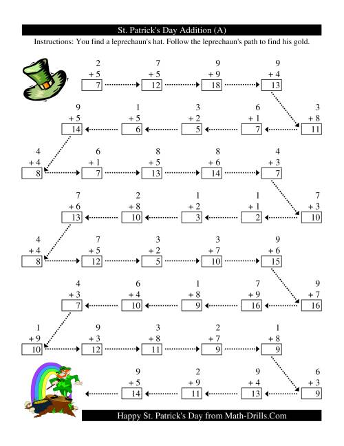 The St. Patrick's Day Follow the Leprechaun One-Digit Addition (C) Math Worksheet Page 2