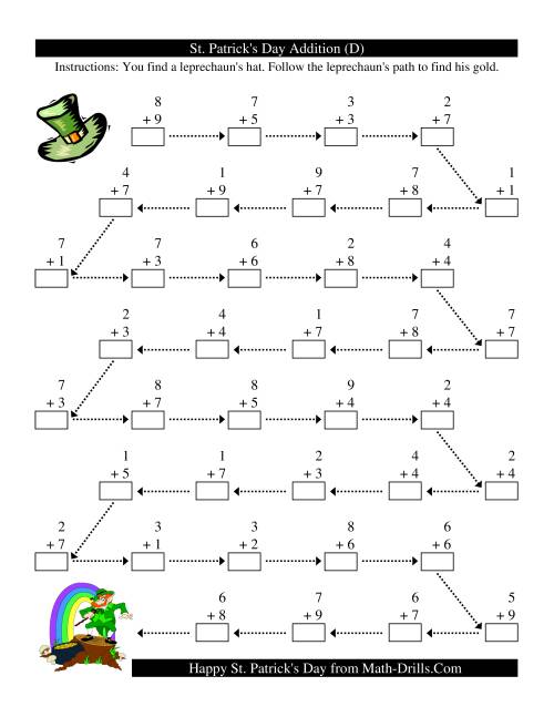 The St. Patrick's Day Follow the Leprechaun One-Digit Addition (D) Math Worksheet