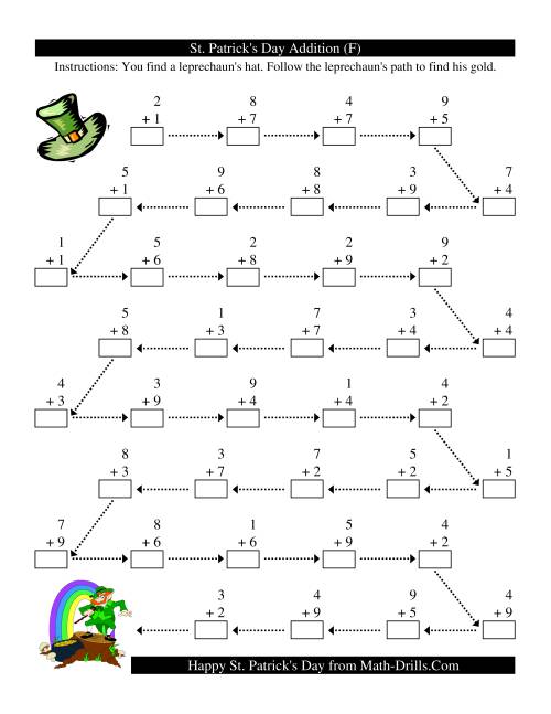 The St. Patrick's Day Follow the Leprechaun One-Digit Addition (F) Math Worksheet