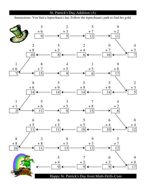 The St. Patrick's Day Follow the Leprechaun One-Digit Addition (H) Math Worksheet Page 2