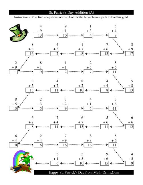 The St. Patrick's Day Follow the Leprechaun One-Digit Addition (I) Math Worksheet Page 2