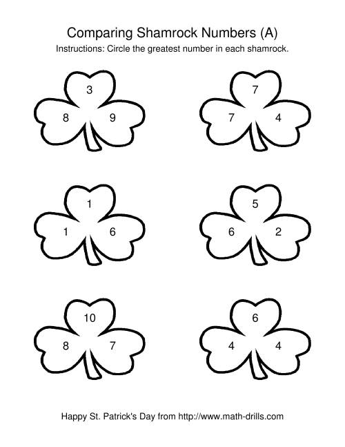 The St. Patrick's Day Comparing Numbers to 10 in Shamrocks (A) Math Worksheet