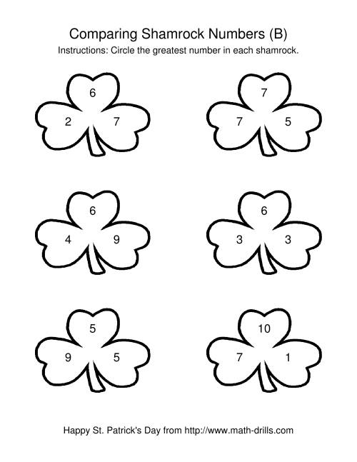 The St. Patrick's Day Comparing Numbers to 10 in Shamrocks (B) Math Worksheet