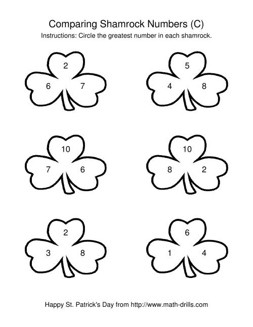 The St. Patrick's Day Comparing Numbers to 10 in Shamrocks (C) Math Worksheet