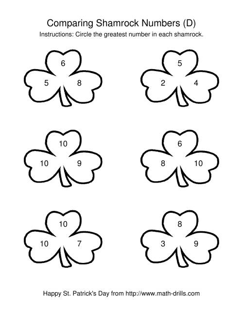 The St. Patrick's Day Comparing Numbers to 10 in Shamrocks (D) Math Worksheet