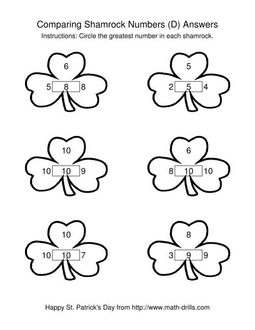 The St. Patrick's Day Comparing Numbers to 10 in Shamrocks (D) Math Worksheet Page 2