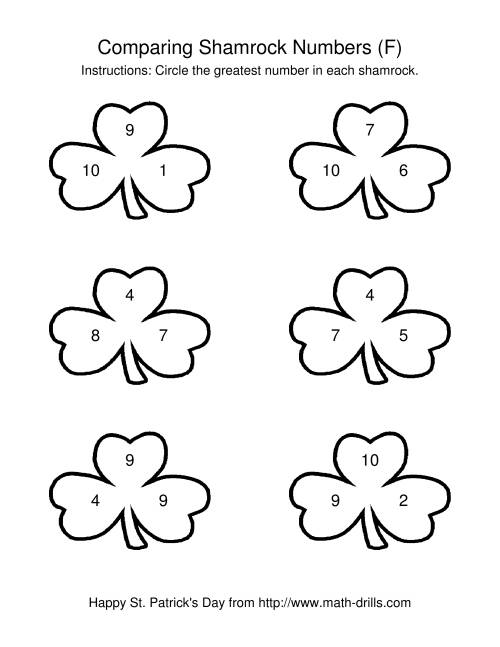 The St. Patrick's Day Comparing Numbers to 10 in Shamrocks (F) Math Worksheet
