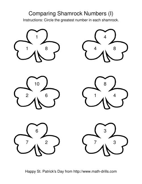The St. Patrick's Day Comparing Numbers to 10 in Shamrocks (I) Math Worksheet