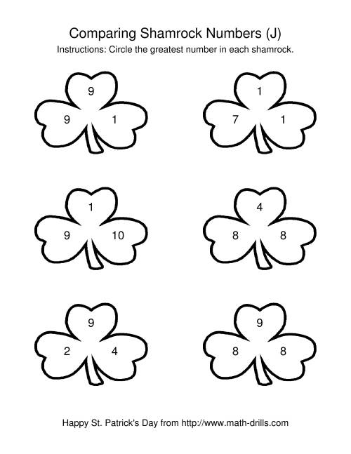 The St. Patrick's Day Comparing Numbers to 10 in Shamrocks (J) Math Worksheet
