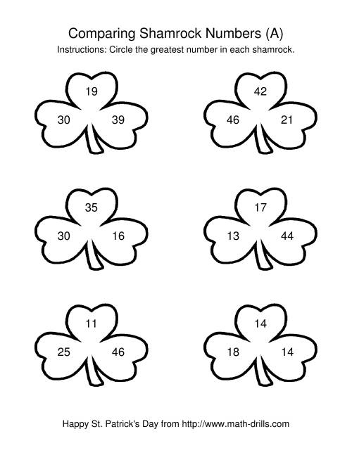 The St. Patrick's Day Comparing Numbers to 50 in Shamrocks (A) Math Worksheet