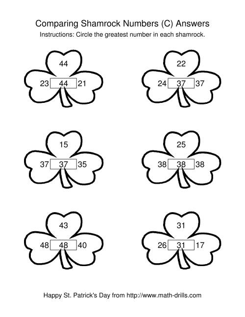 The St. Patrick's Day Comparing Numbers to 50 in Shamrocks (C) Math Worksheet Page 2