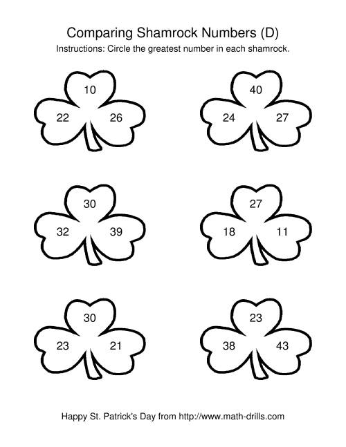 The St. Patrick's Day Comparing Numbers to 50 in Shamrocks (D) Math Worksheet