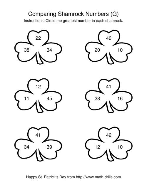 The St. Patrick's Day Comparing Numbers to 50 in Shamrocks (G) Math Worksheet