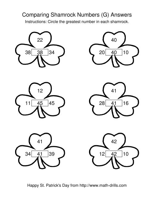 The St. Patrick's Day Comparing Numbers to 50 in Shamrocks (G) Math Worksheet Page 2