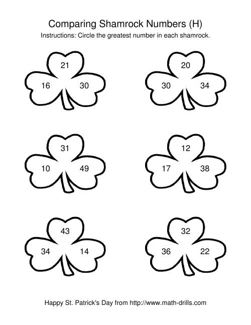 The St. Patrick's Day Comparing Numbers to 50 in Shamrocks (H) Math Worksheet
