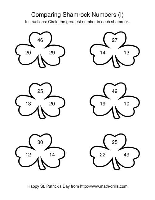 The St. Patrick's Day Comparing Numbers to 50 in Shamrocks (I) Math Worksheet