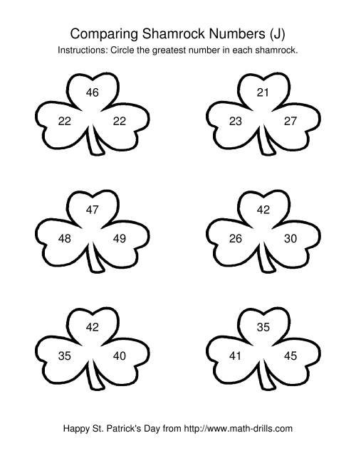 The St. Patrick's Day Comparing Numbers to 50 in Shamrocks (J) Math Worksheet