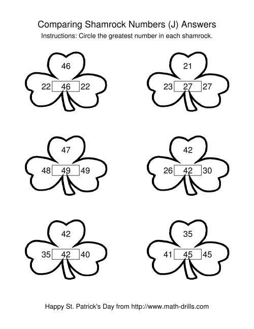 The St. Patrick's Day Comparing Numbers to 50 in Shamrocks (J) Math Worksheet Page 2