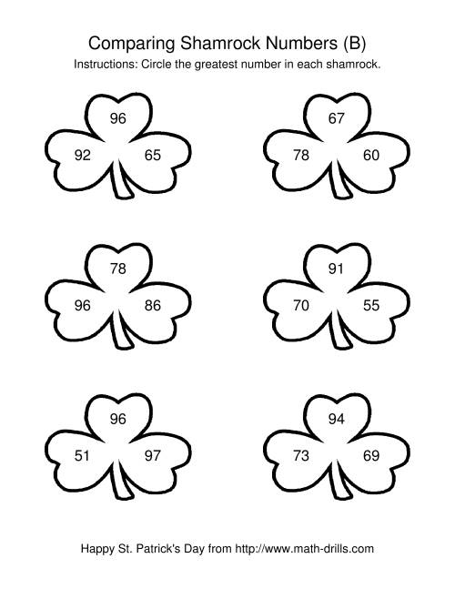 The St. Patrick's Day Comparing Numbers to 100 in Shamrocks (B) Math Worksheet