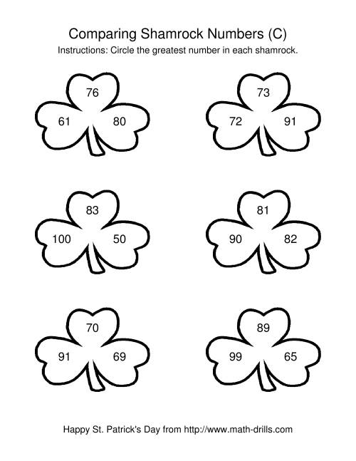The St. Patrick's Day Comparing Numbers to 100 in Shamrocks (C) Math Worksheet
