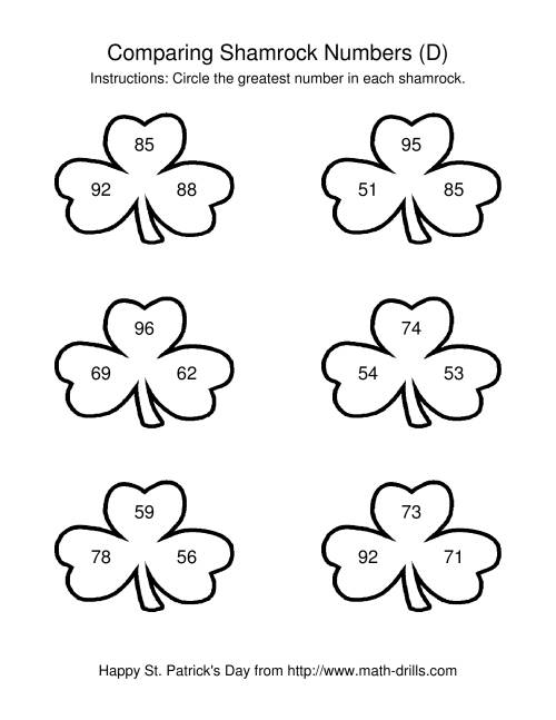 The St. Patrick's Day Comparing Numbers to 100 in Shamrocks (D) Math Worksheet