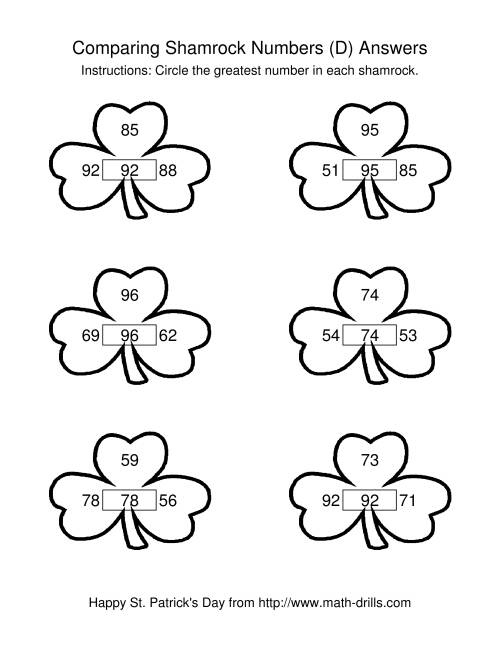 The St. Patrick's Day Comparing Numbers to 100 in Shamrocks (D) Math Worksheet Page 2