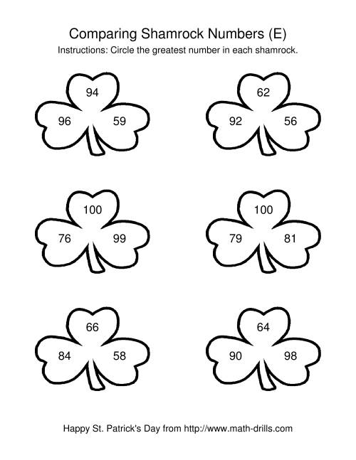 The St. Patrick's Day Comparing Numbers to 100 in Shamrocks (E) Math Worksheet